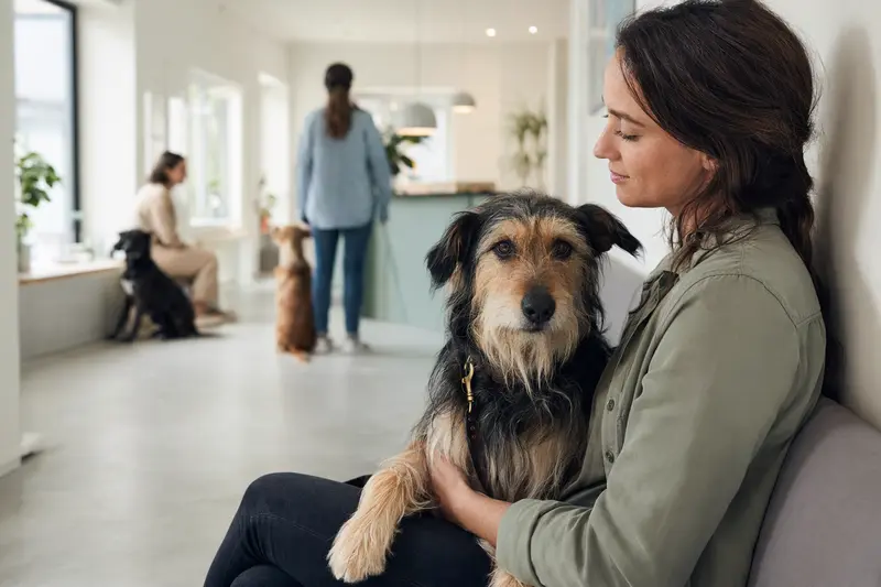 Ein Perro Gaucho sitzt ruhig neben seinem Besitzer im hellen Wartezimmer einer modernen Tierarztpraxis.